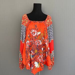 Free People boho handkerchief blouse - Size S orange blue floral Festival Hippie